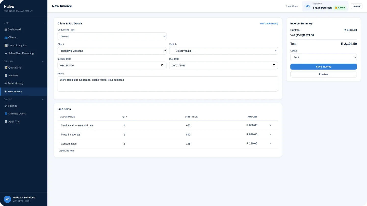 Halvo invoice screen showing line items and automatic VAT calculation