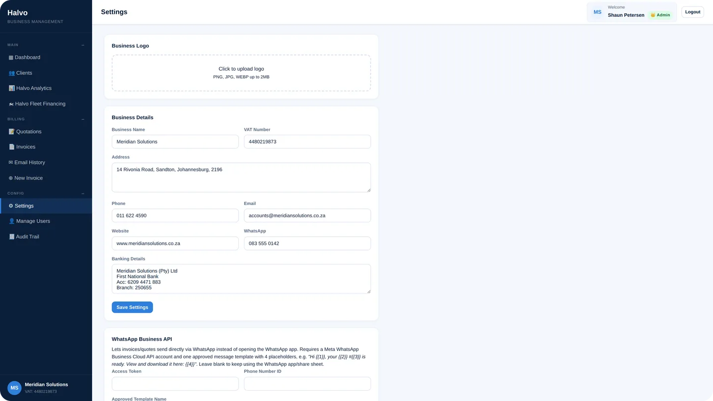Halvo settings screen for business branding, banking details and users